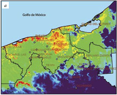 a) Mapa del 7 de octubre de 2007 del estado de tabasco antes de la inundación. las zonas inundadas están representadas en rojo y amarillo. en azul y negro se encuentran algunas nubes sobre las zonas planas y las montañas de Chiapas.<br /> FUENTE: imagen AVHRR del satélite noaa-18 de las 8:01 GMT, canal 4 (infrarrojo).