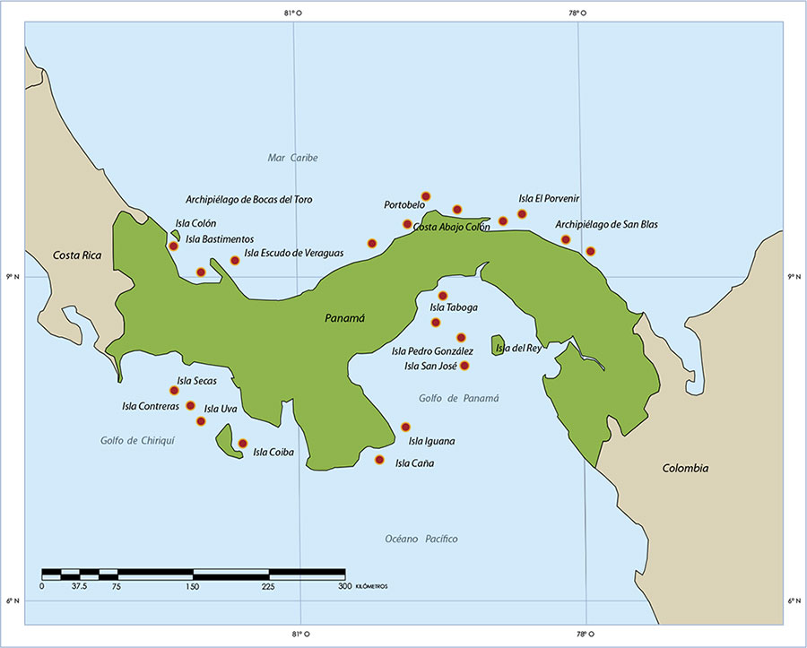 Ubicación de arrecifes de coral en los litorales de Panamá.